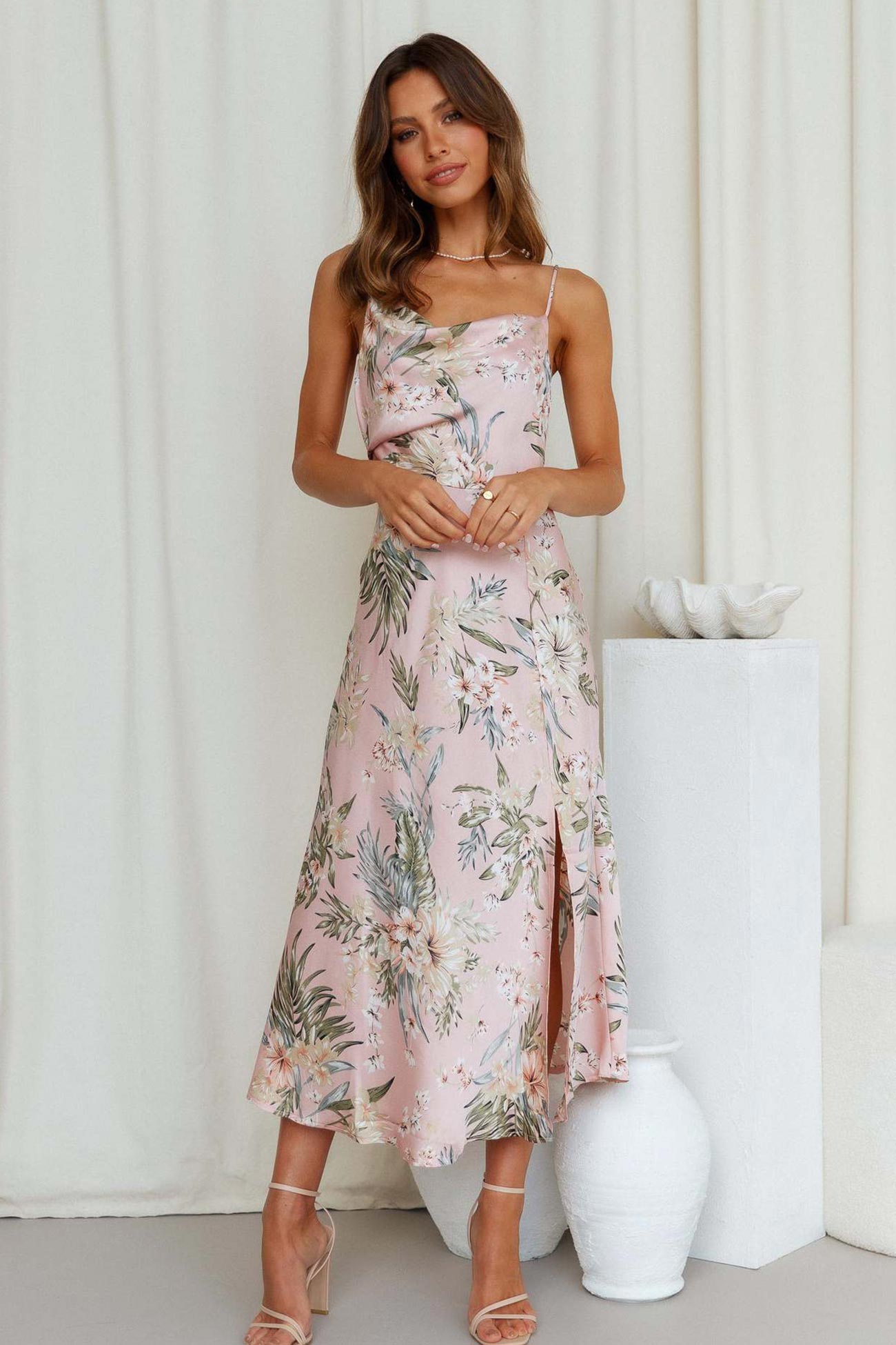 Women's Slip Dress - Floral Print - Cowl Neck - Spaghetti Straps - High Slit Midi