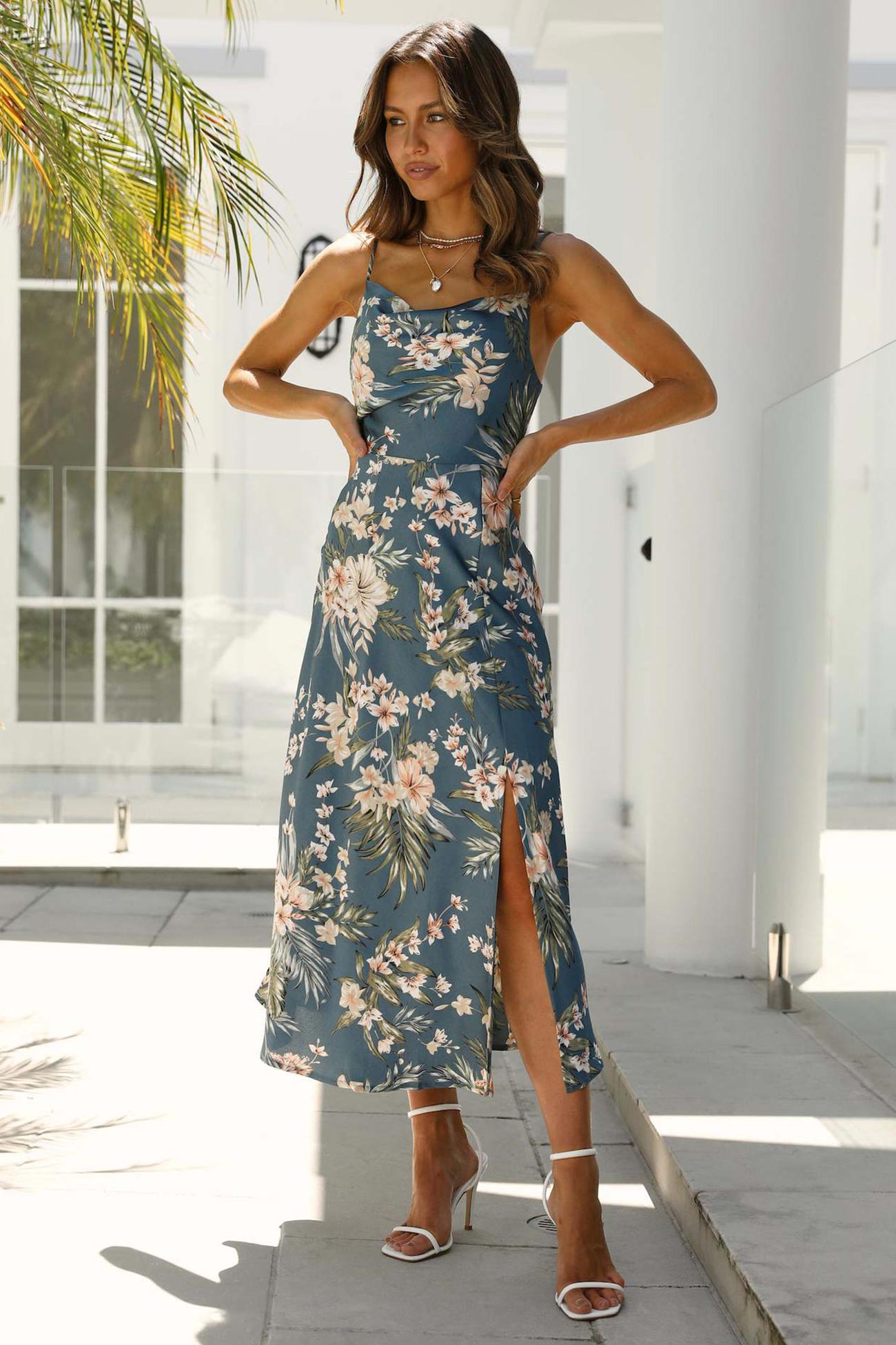 Women's Slip Dress - Floral Print - Cowl Neck - Spaghetti Straps - High Slit Midi