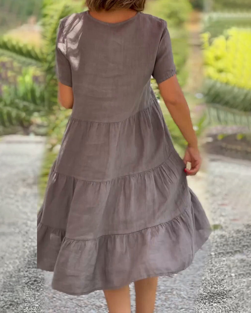 Women's Casual Midi Dress - V-Neck - Short Sleeve - Loose Fit Tiered Design