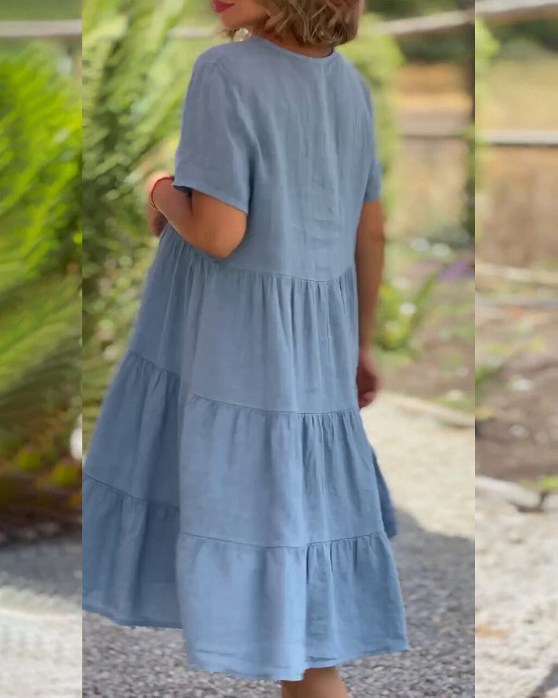 Women's Casual Midi Dress - V-Neck - Short Sleeve - Loose Fit Tiered Design