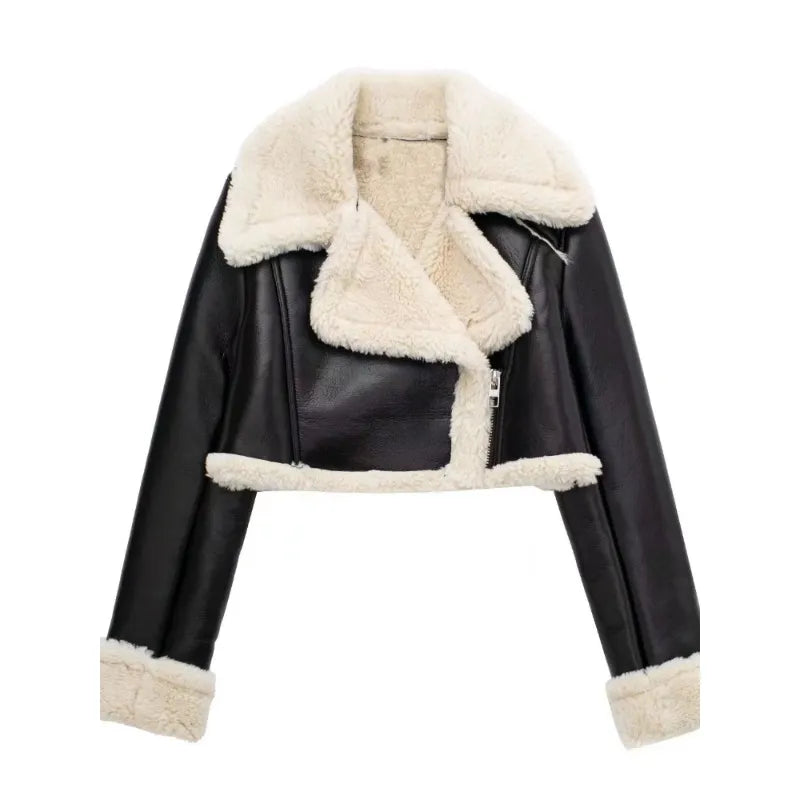 Women's classic leather coat with wide collar