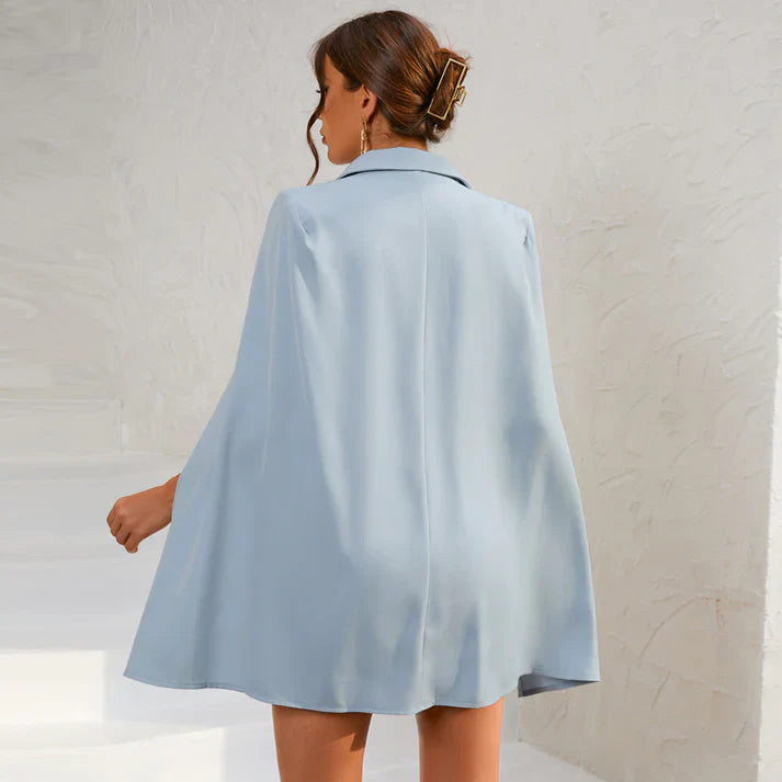Women's Blazer Dress - Double-Breasted - Cape Overlay - Belted Waist - Tailored Fit