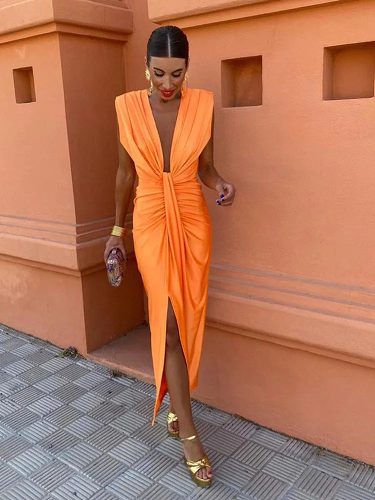 Women's Evening Gown - Deep V-Neck - Sleeveless - Waist Knot - Front Slit Elegant Dress