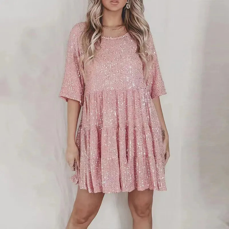 Women's Sequin Dress - A-Line Silhouette - Mid Sleeve - Round Neck - Party Wear