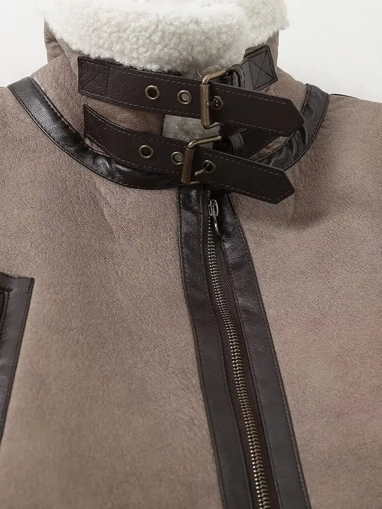 Women's faux shearling jacket winter belted coat long sleeve
