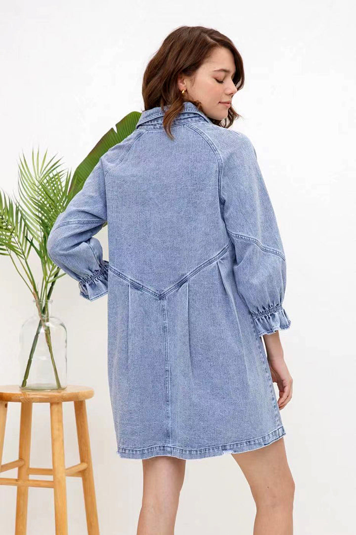 Women's Denim Shirt Dress - Relaxed Fit - Button Down - Three-Quarter Puff Sleeves