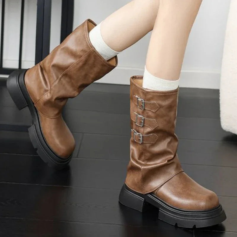 Retro chunky heel biker boots for women with buckle detailing