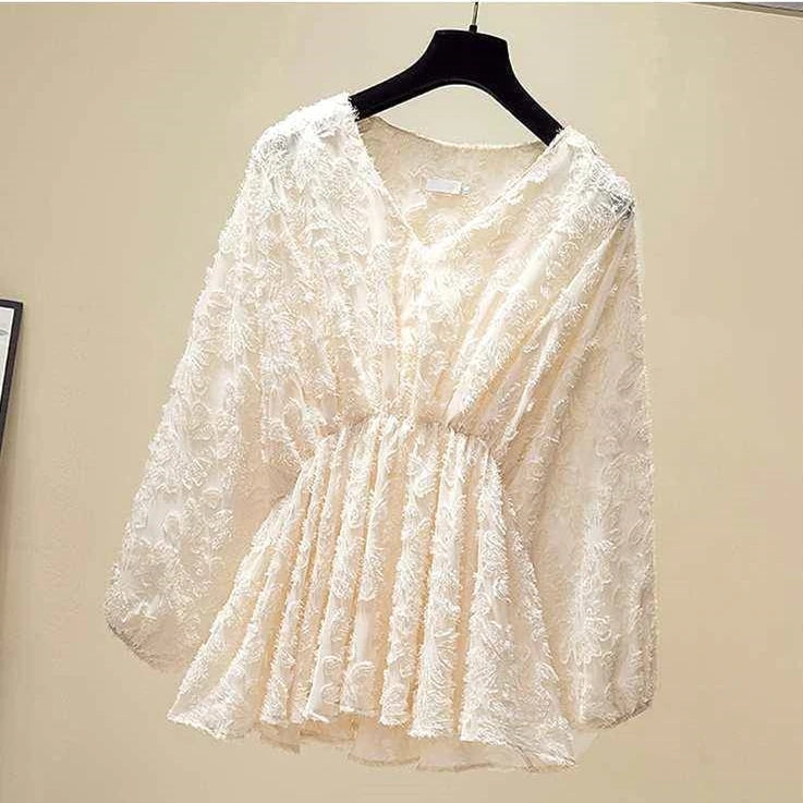 Women's Lace Blouse - V-Neck Peplum - Long Billowy Sleeves - Elegant Floral Pattern