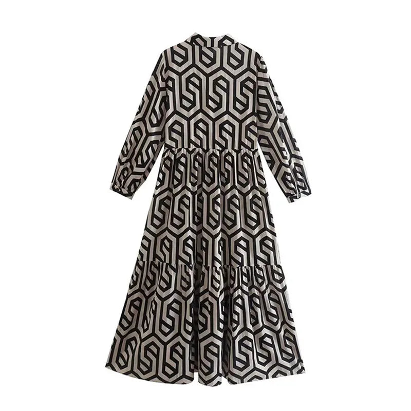 Women’s Long Sleeve Dress – Relaxed Fit – Tiered Silhouette – Geometric Print – Breathable Blend