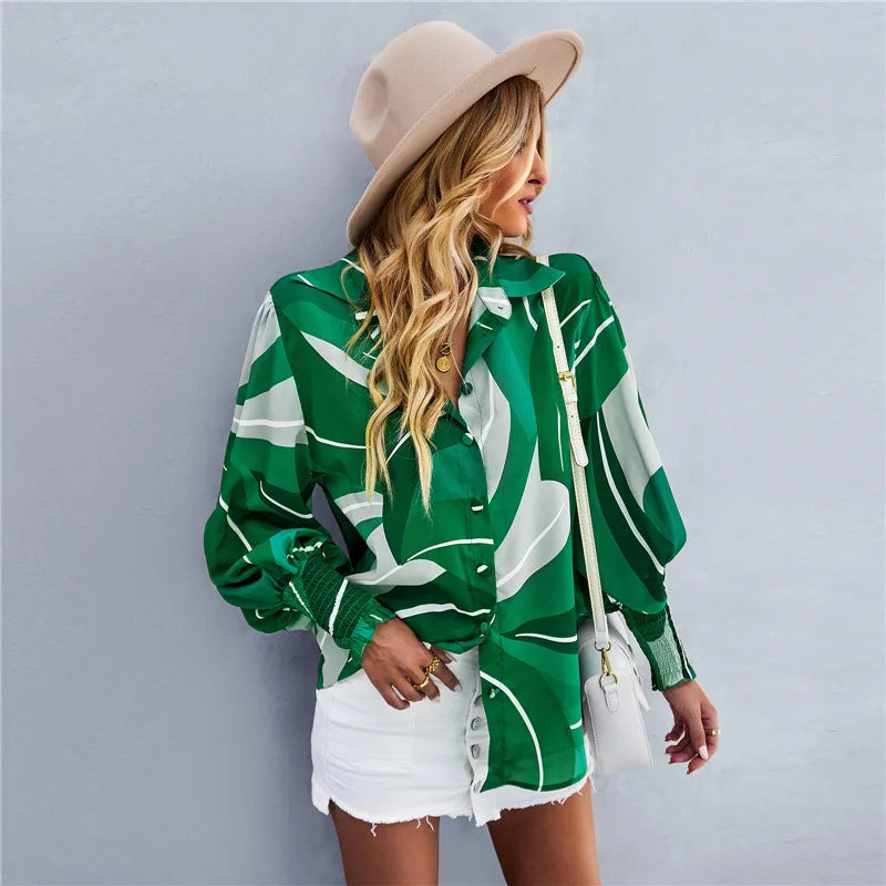 Women's Blouse - Floral Print - Relaxed Fit - Long Sleeve Smocked Cuffs - V-Neck Buttons