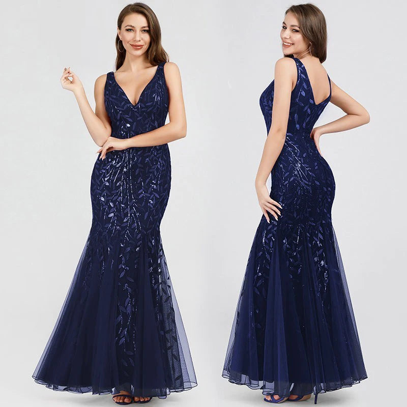 Slim elegant V-neck sleeveless evening dress for women