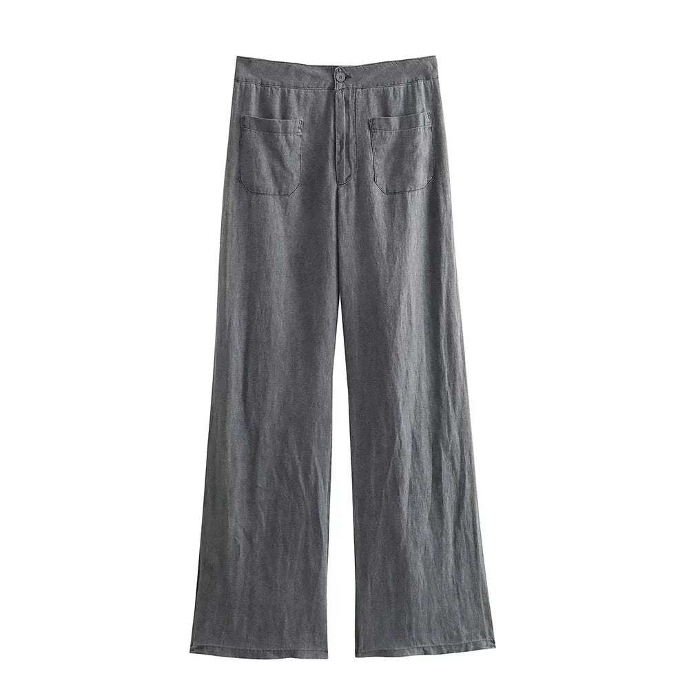 Women's Linen Two-Piece Set - Button-Down Shirt & High-Waisted Pants - Relaxed Fit