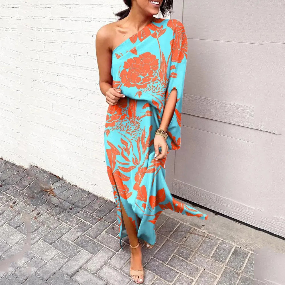 Women's One-Shoulder Maxi Dress - Floral Print - Elegant Flowing Silhouette