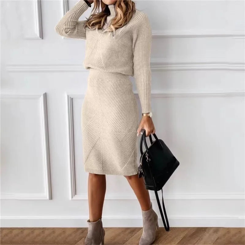 Women's turtleneck knit sweater skirt set