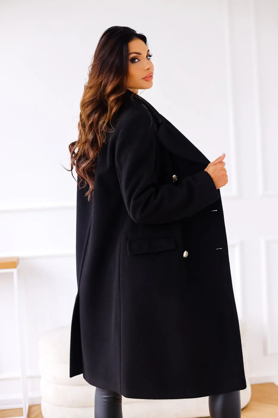 Women's double-breasted textured coat long sleeve lapel winter jacket