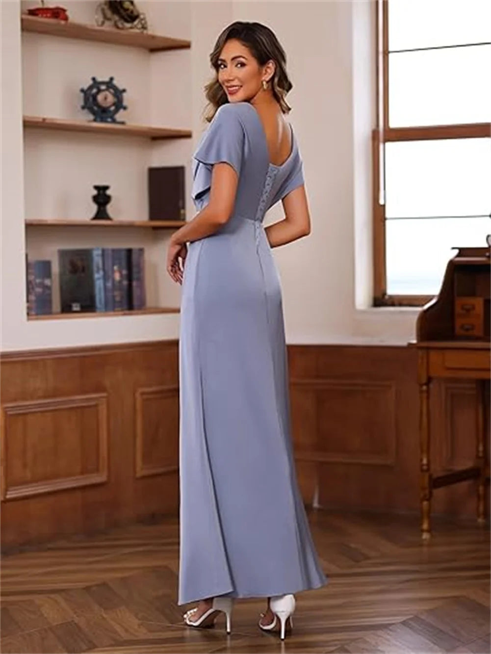 Women’s Maxi Dress – Satin Feel – Draped Waist – V-Neck – Short Sleeve Formal Fit