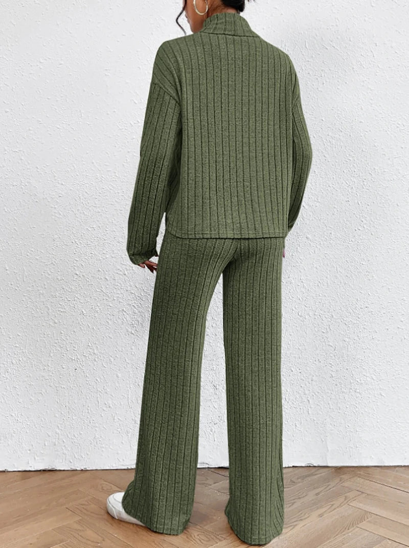 Women's solid color high collar long sleeve ribbed two-piece set