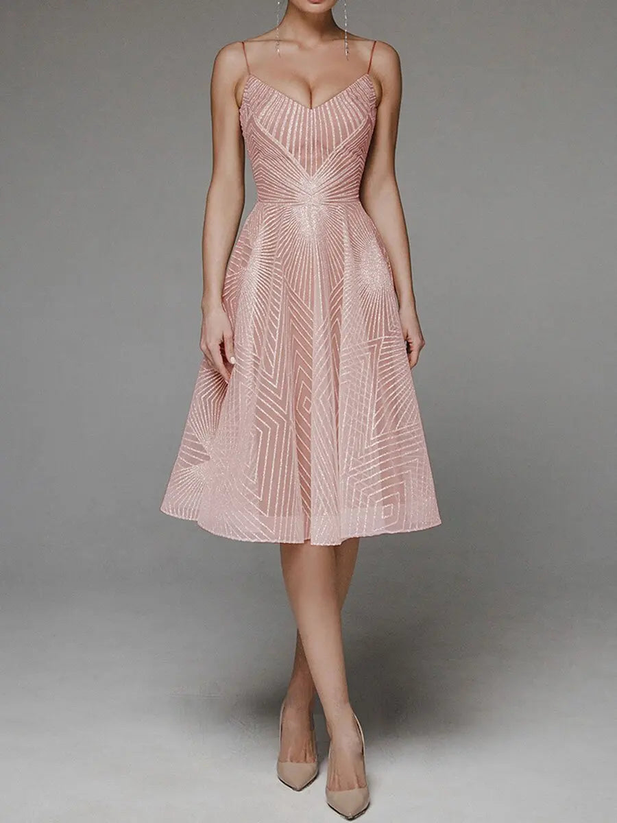 Women's A-Line Dress - Sleeveless Spaghetti Strap - V-Neck Knee-Length Elegant Wear