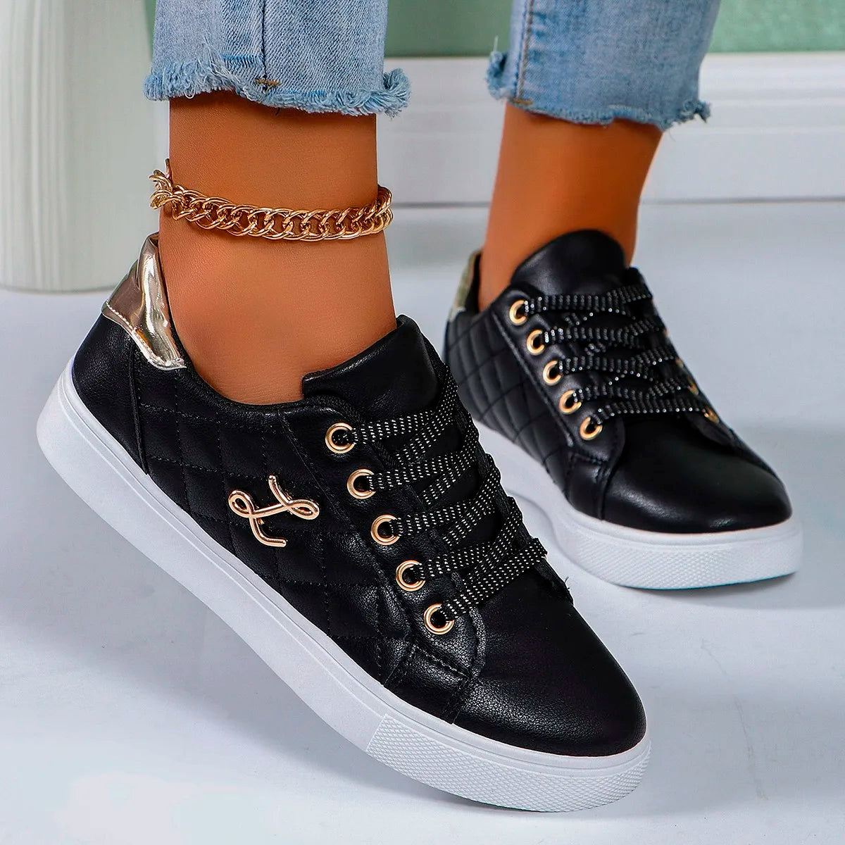 Women's Platform Sneakers - Quilted Design - Lace-Up - Casual Stylish Footwear