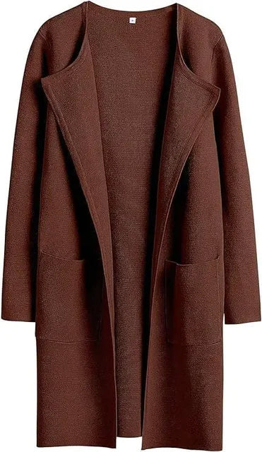 Women’s Long Coat - Wool Blend - Tailored Fit - Open Front with Notched Lapels