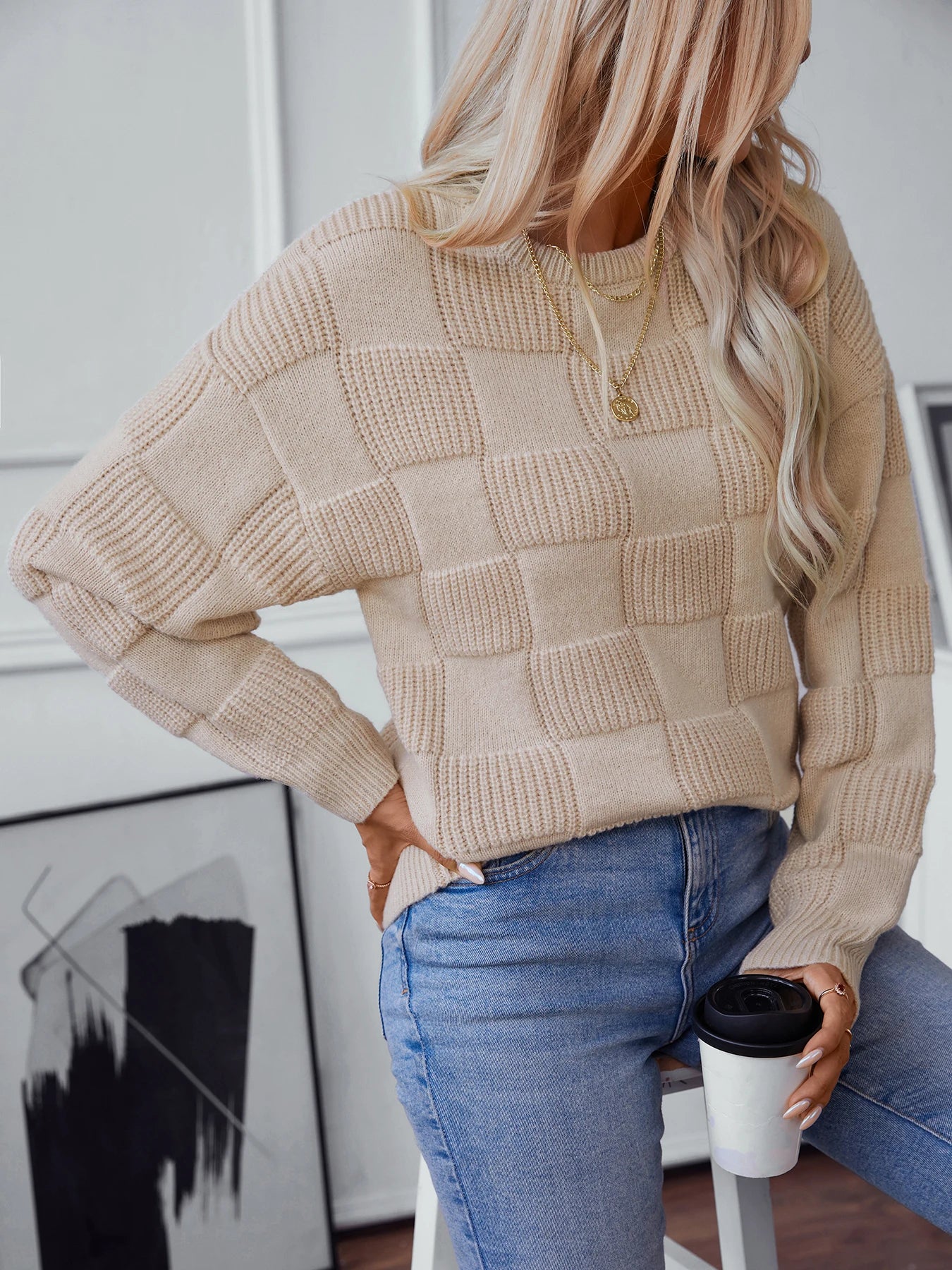 Loose Fit Checkered Knitted Sweater Top
