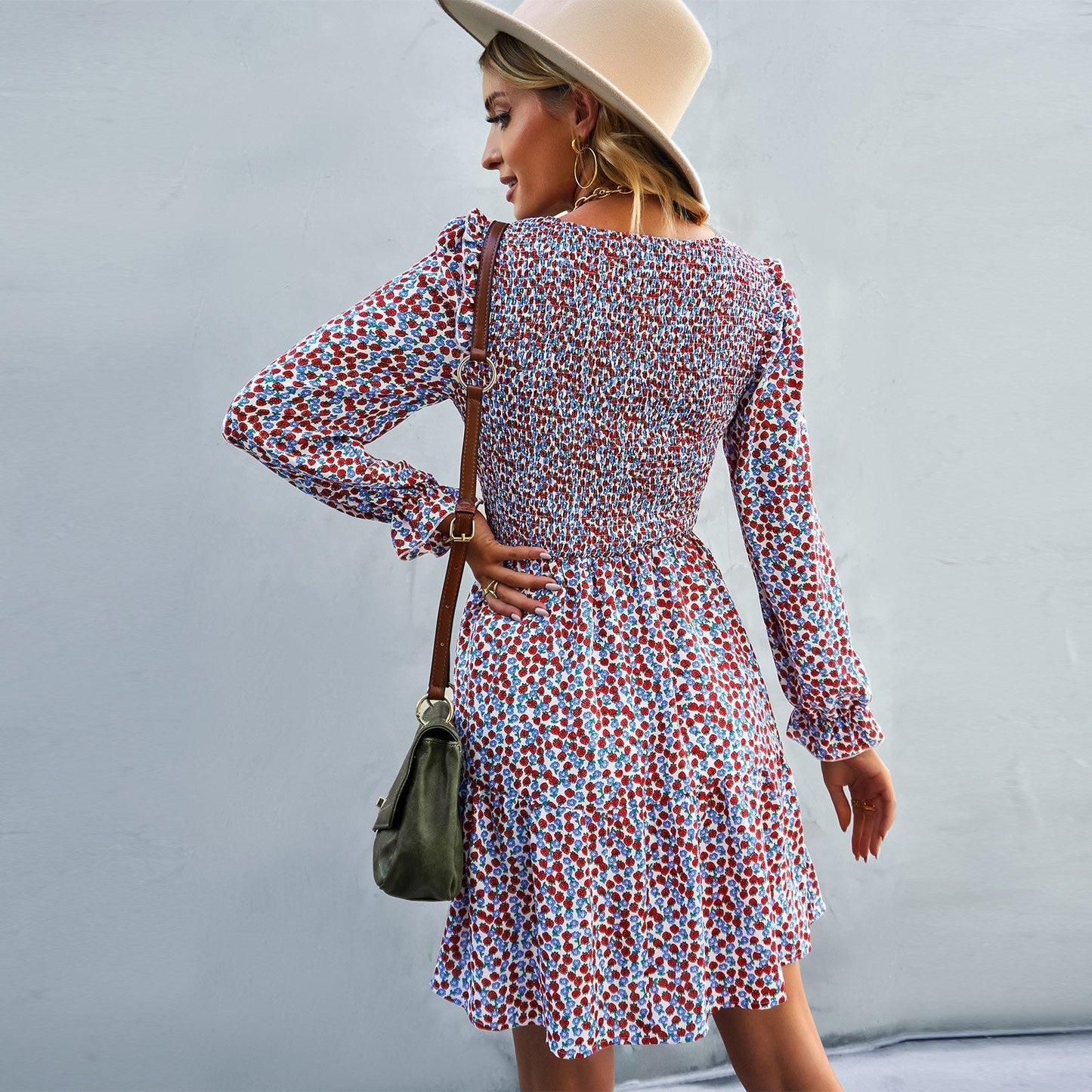 Women's Floral Dress - Long Sleeve Smocked Bodice - Flowy Boho Midi Style