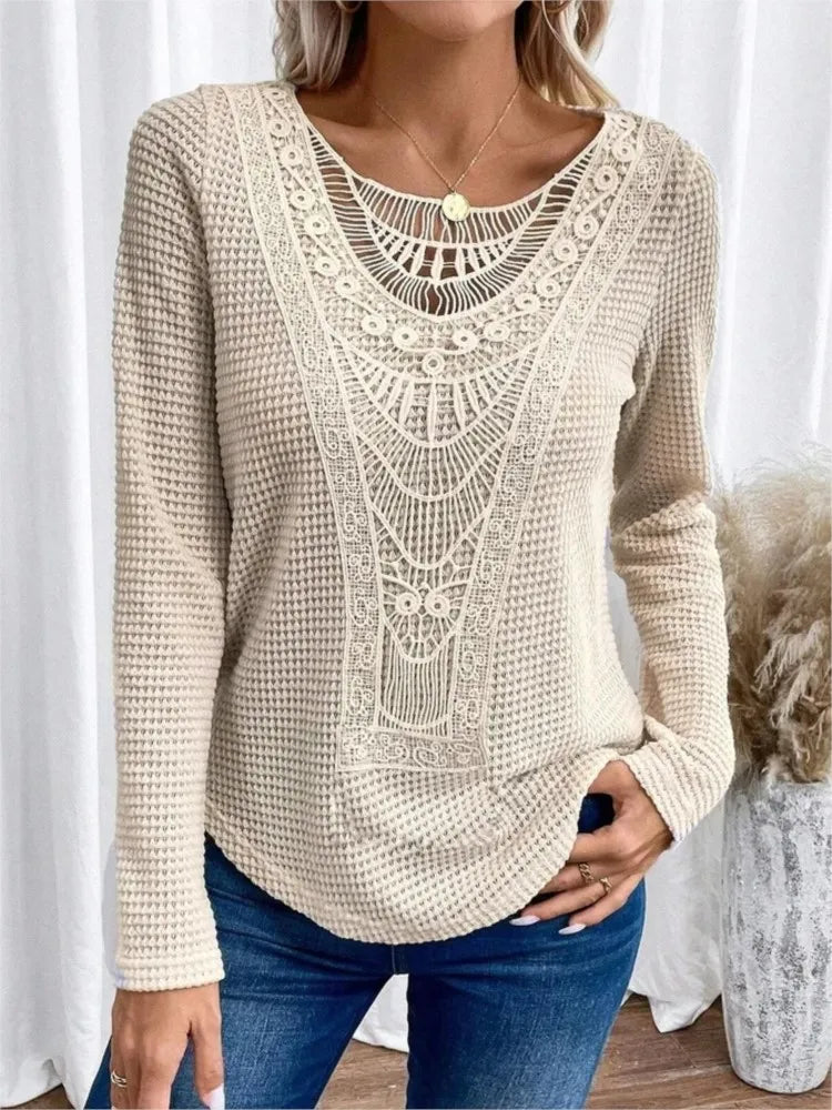 Waffle Knit Lace Applique Relaxed Fit Top
