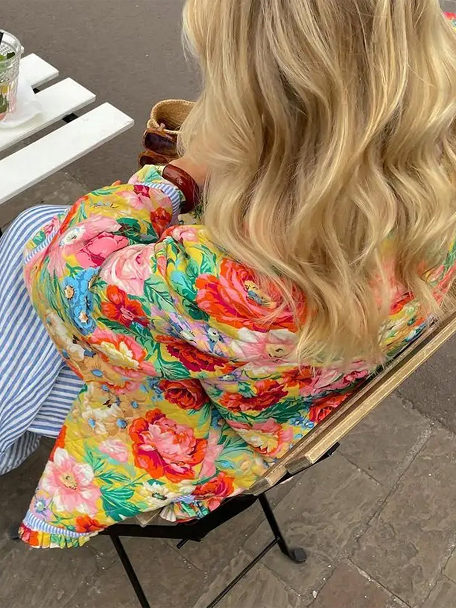 Women's autumn floral print loose quilted jacket