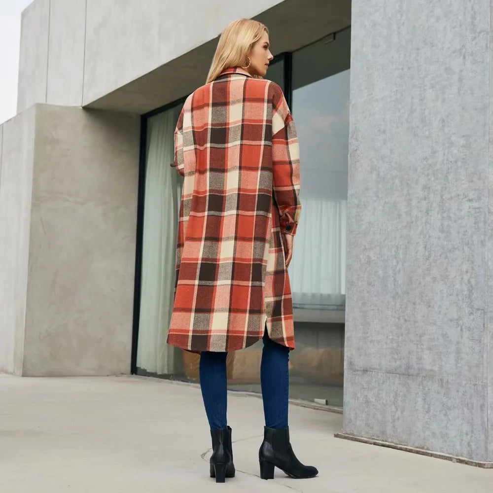 Women plaid trench coat with side slits and pockets