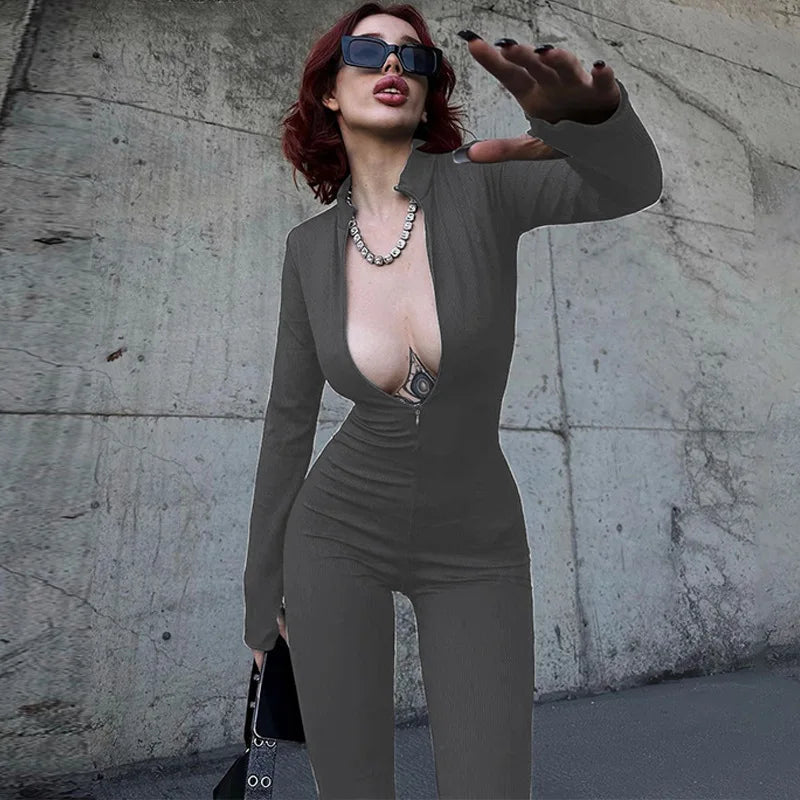 Women's slim long-sleeve zipper jumpsuit