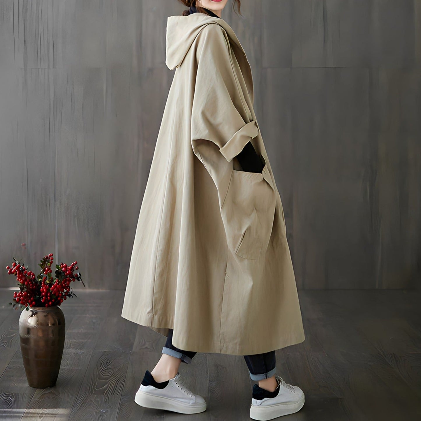Women's retro literary oversized hooded trench coat with large pockets
