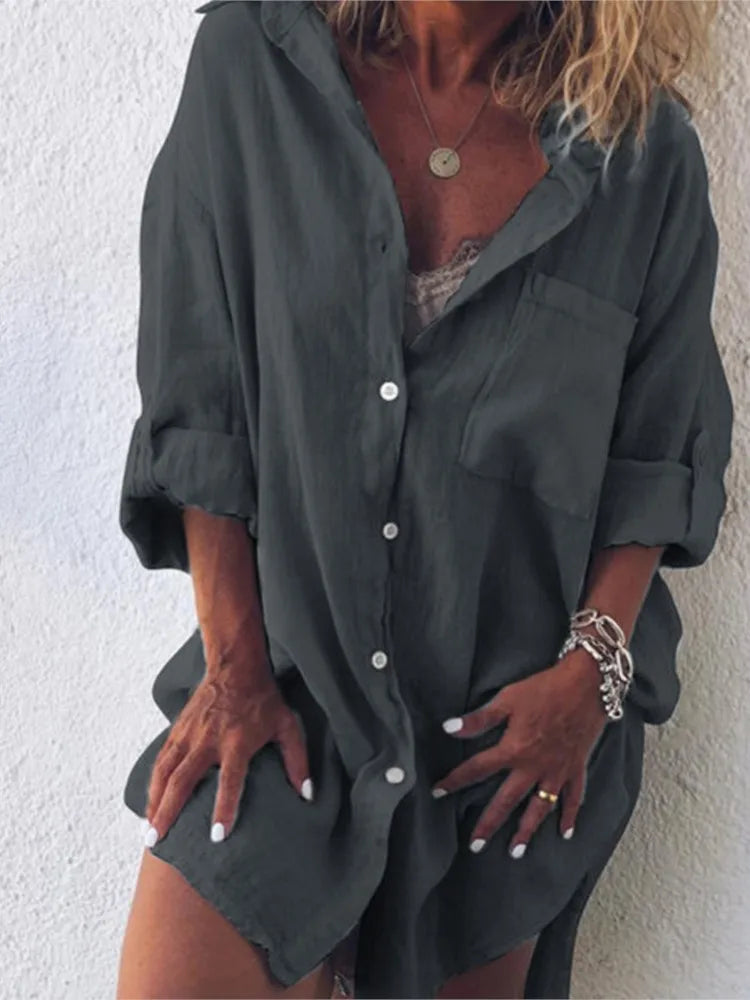 Women's casual summer button pocket long sleeve shirt