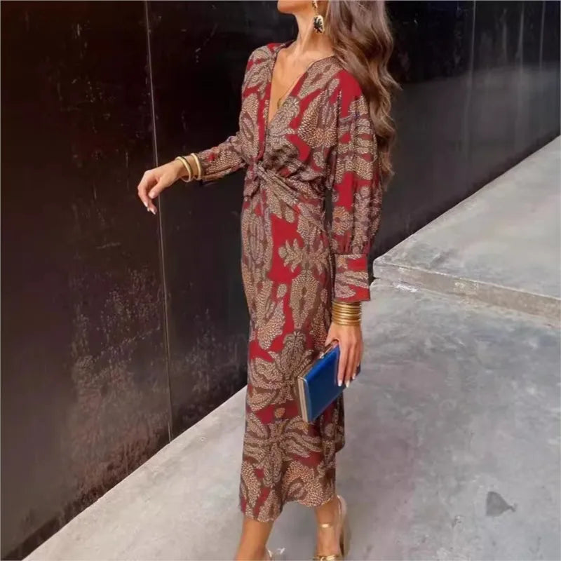 Women's Midi Dress - V-Neck - Long Sleeve - Form-Fitting Elegant Style