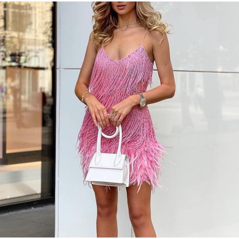 Women's Fringe Mini Dress - Spaghetti Strap - Feather Hem - Elegant Partywear