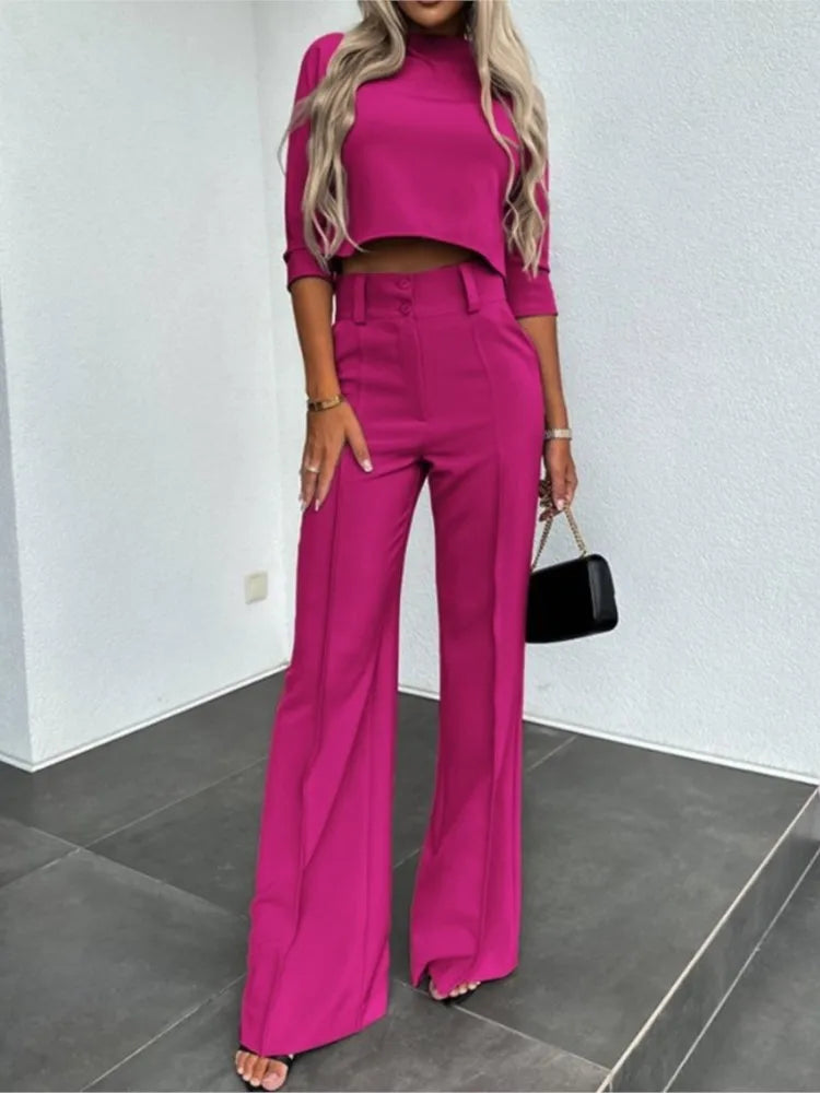 Women's elegant casual crop top and high waist wide leg trouser set