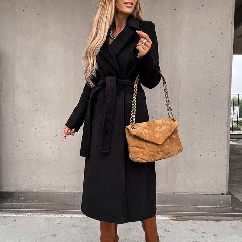 Women's knee-length belted lapel trench coat