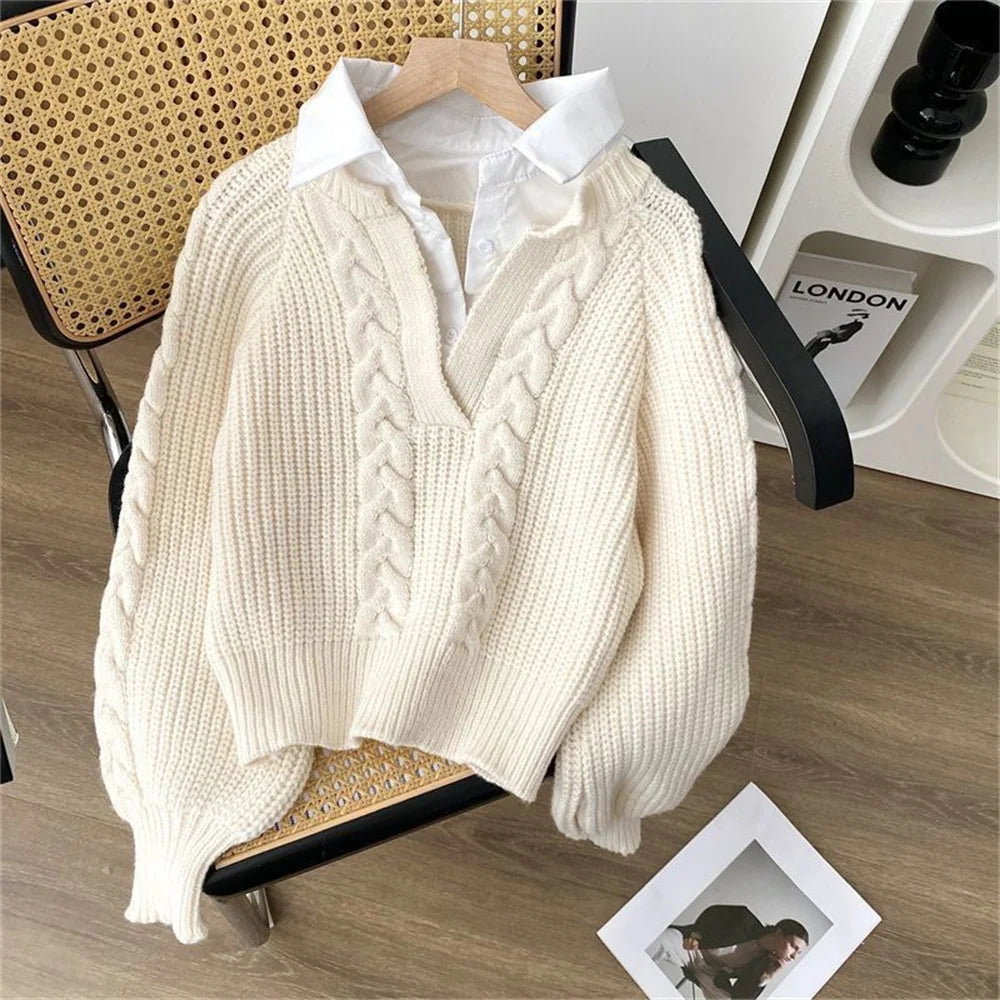 Cable Knit Layered Collar V-Neck Sweater