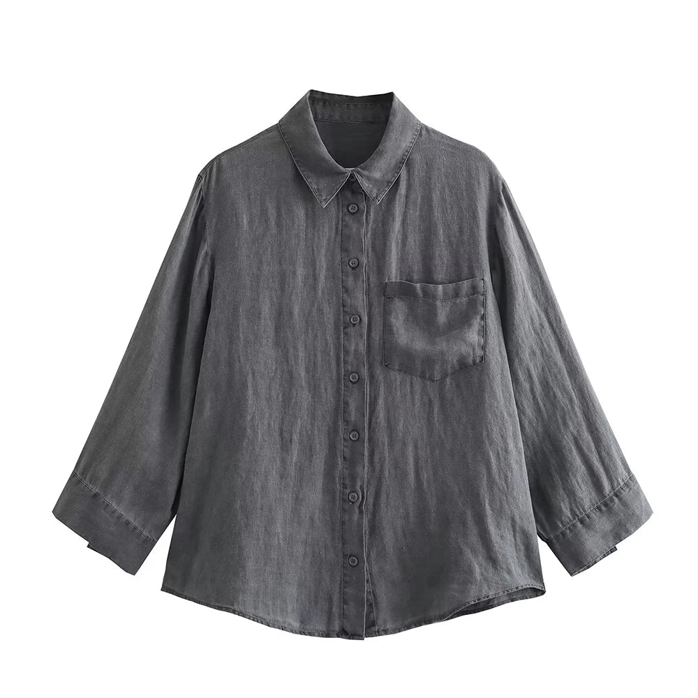 Women's Linen Two-Piece Set - Button-Down Shirt & High-Waisted Pants - Relaxed Fit