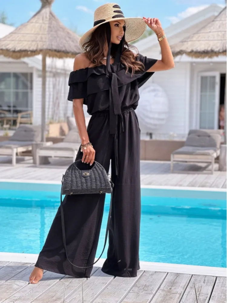 Women's Off-Shoulder Jumpsuit - Ruffled Neckline - Wide-Leg Relaxed Fit - Lightweight Fabric