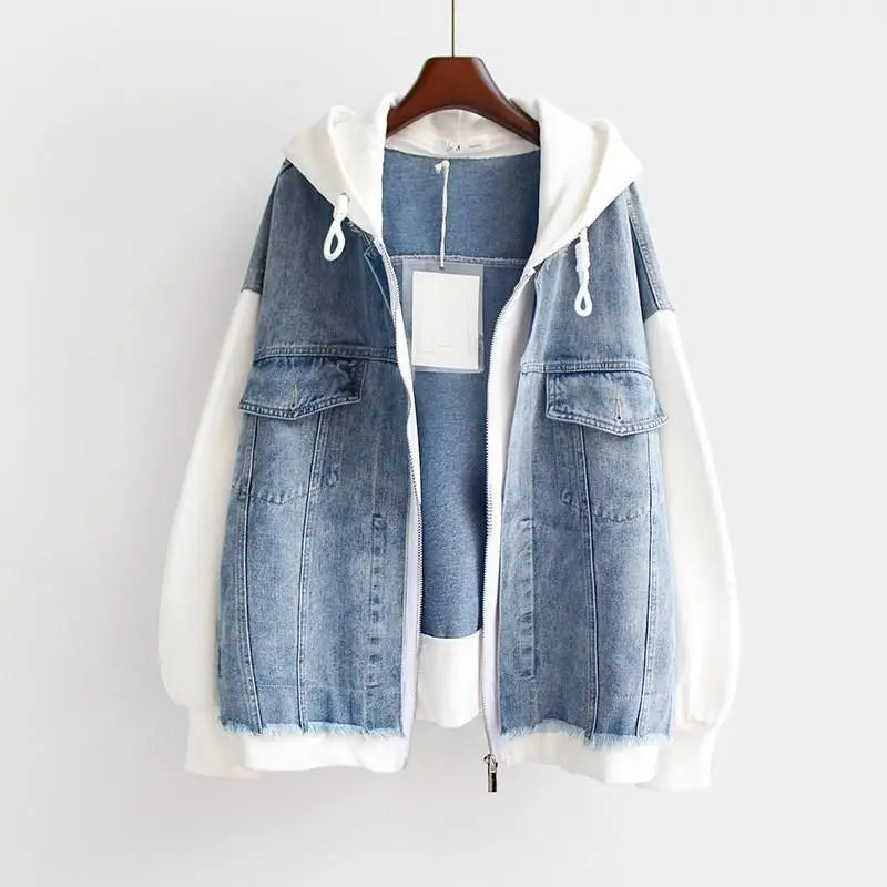 Women's loose fit hooded denim jacket with layered effect zipper closure