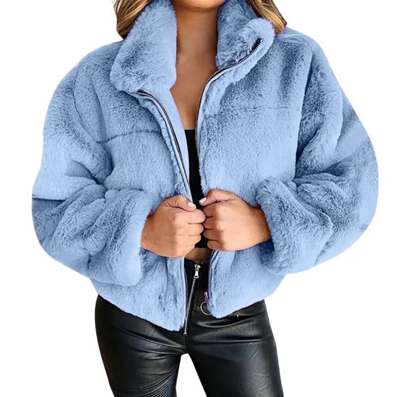 Women’s Faux Fur Jacket - Oversized Fit - High Collar - Full Zip Closure - Soft & Cozy