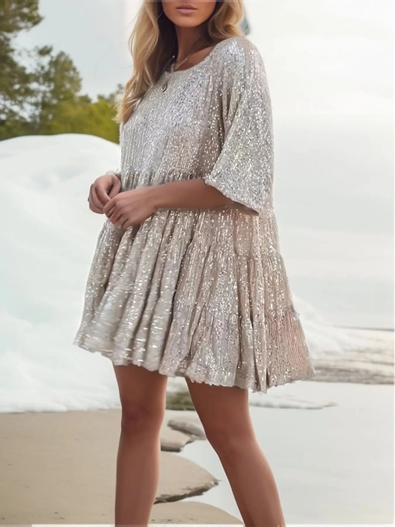 Women's Sequin Dress - A-Line Silhouette - Mid Sleeve - Round Neck - Party Wear