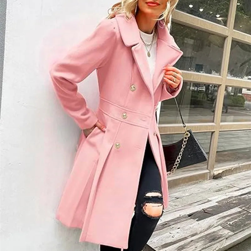 Women's woolen trench coat with skirt hemline double breasted