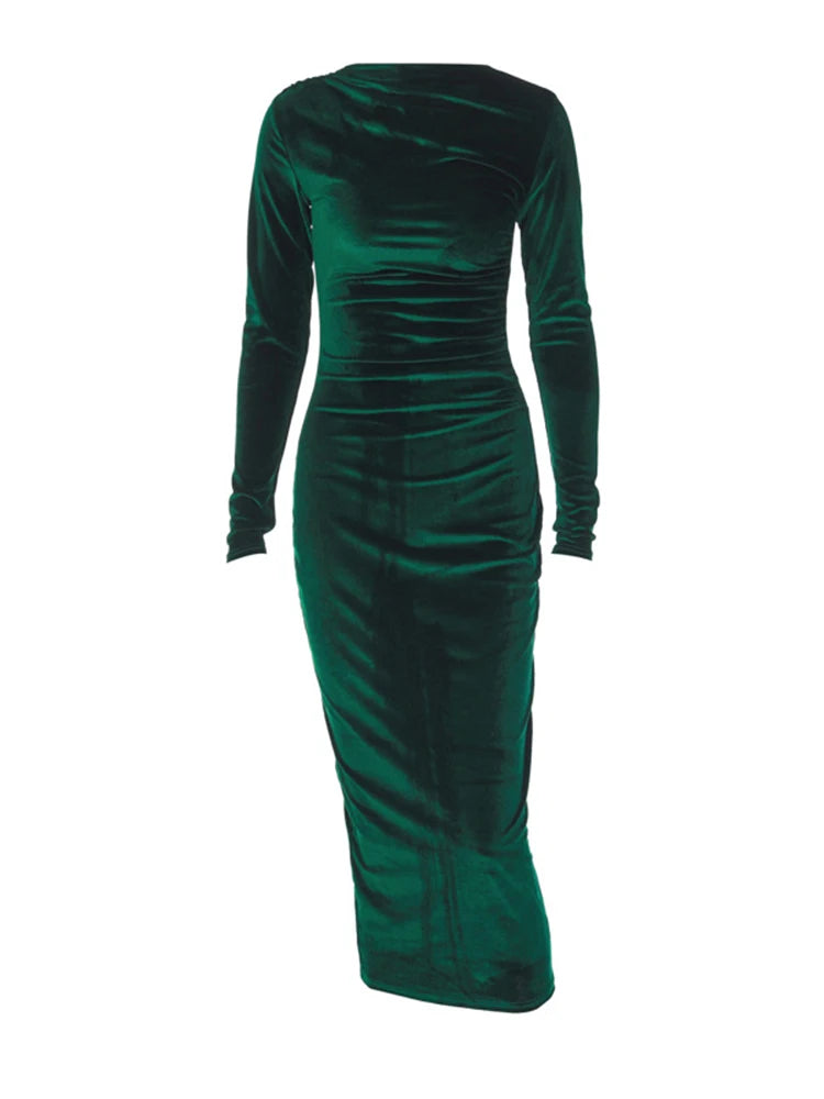 Women's Bodycon Dress - Long Sleeve Stretch Fit - Ruched Detailing Elegant Wear