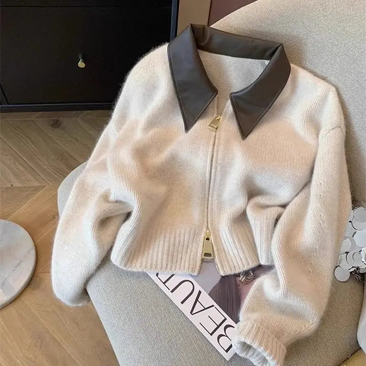 Women’s leather polo collar knitted cardigan with double-head zipper