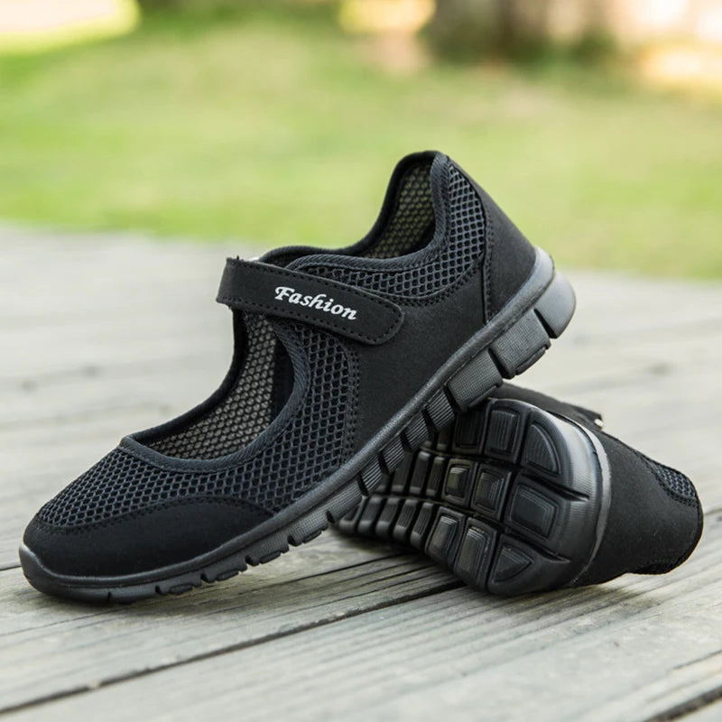 Women's Slip-On Flats - Breathable Mesh - Hook-and-Loop Strap - Lightweight Comfort