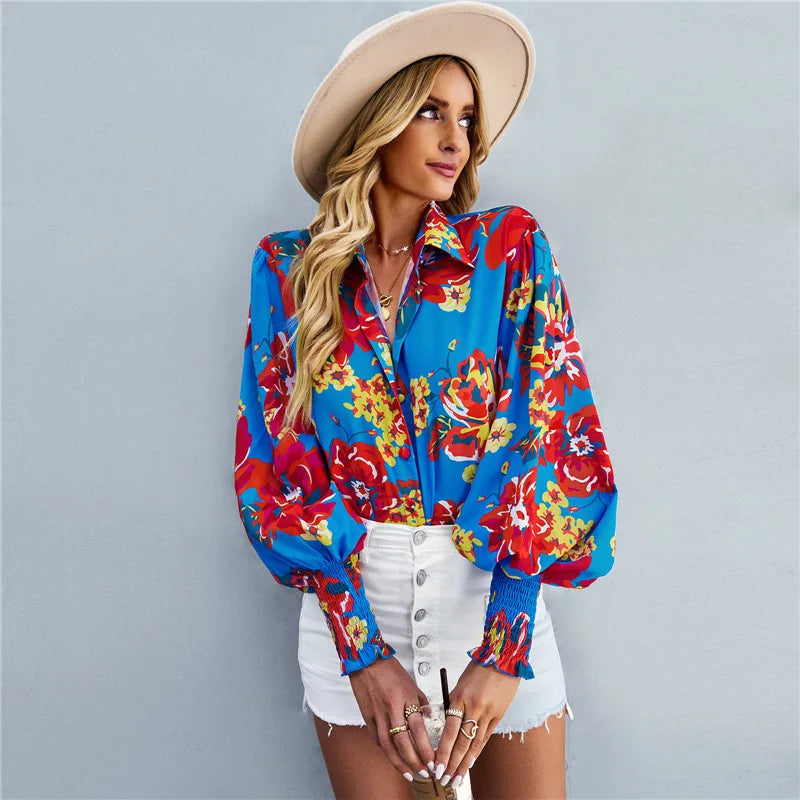 Women's Blouse - Floral Print - Relaxed Fit - Long Sleeve Smocked Cuffs - V-Neck Buttons
