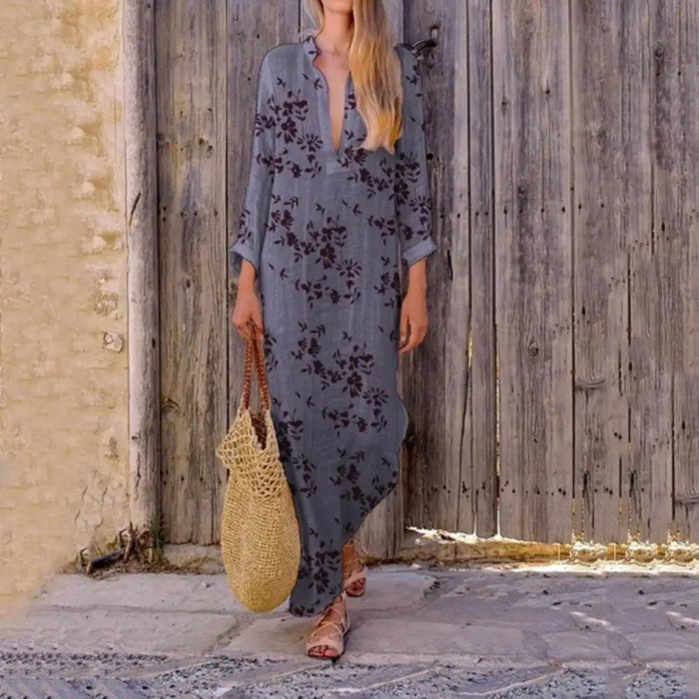 Women's Maxi Dress - Loose Fit - Long Sleeve V-Neck - Floral Print Flowy Design