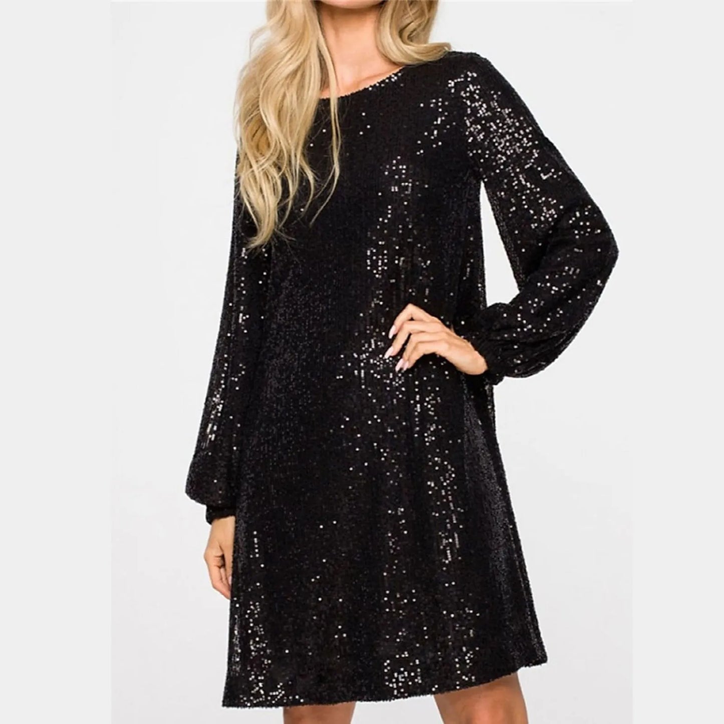 Women's Sequined A-Line Dress - Long Sleeve - Round Neck - Belted Waist - Elegant Shine