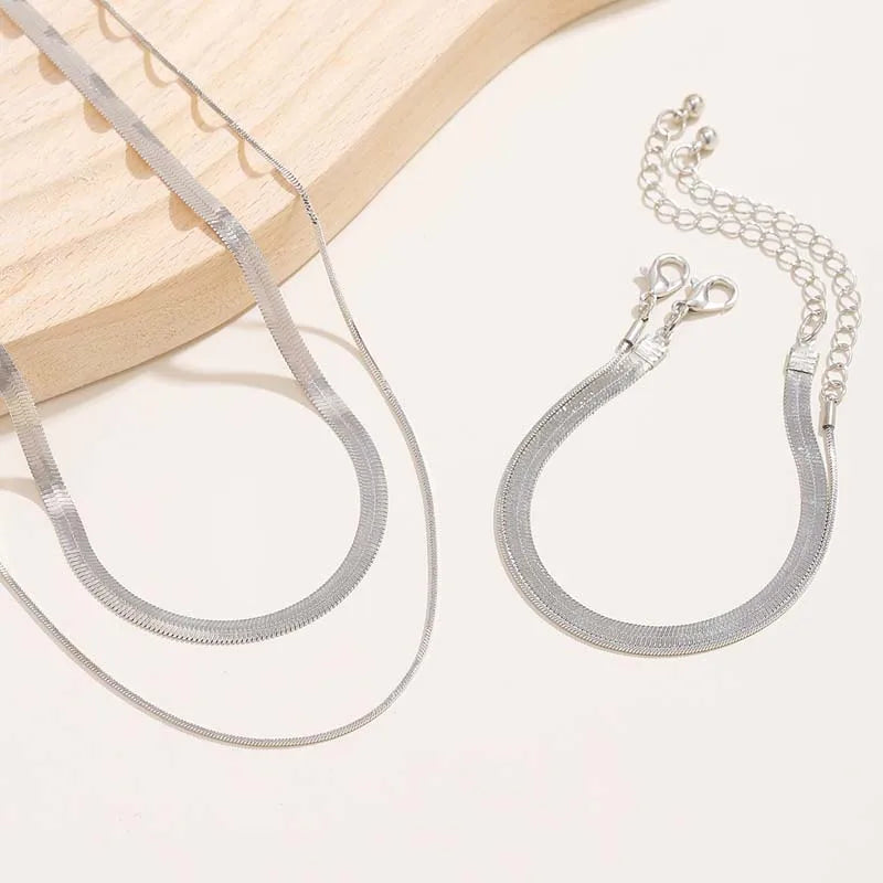 Women's vintage flat snake bone chain necklace & bracelet set